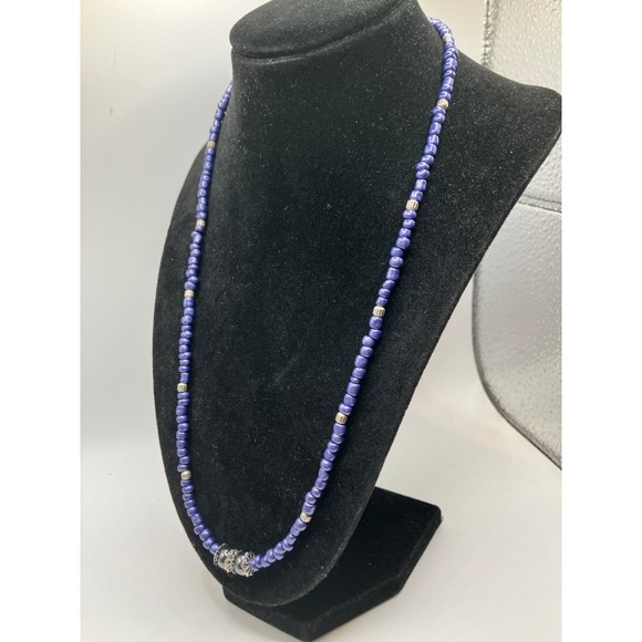Purple Triangle Seed Beads, Silver-Tone Spacers & Round Metallic Beaded Necklace - Picture 5 of 13